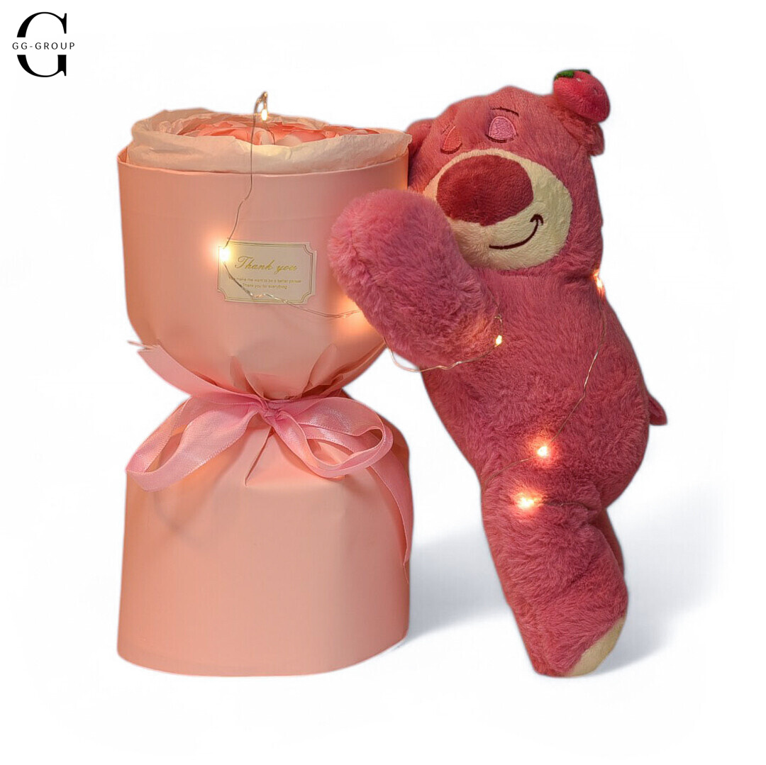 Подарунковий набір Ведмедик з букетом 7 троянд LED підсвіткою KR-01-1/2